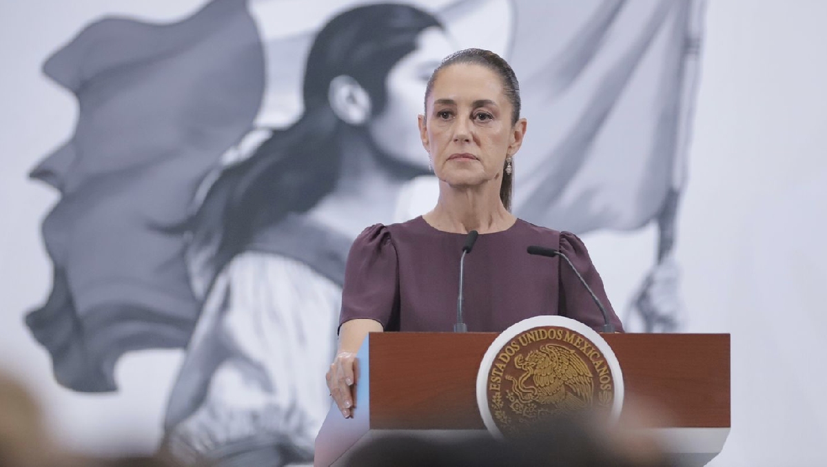 La mandataria desde el Salón de Tesorería en Palacio Nacional hoy. | Ariel Ojeda