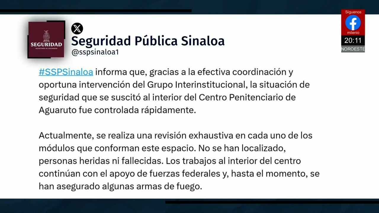 Tiroteo dentro del penal de Aguaruto moviliza a fuerzas de seguridad en Sinaloa