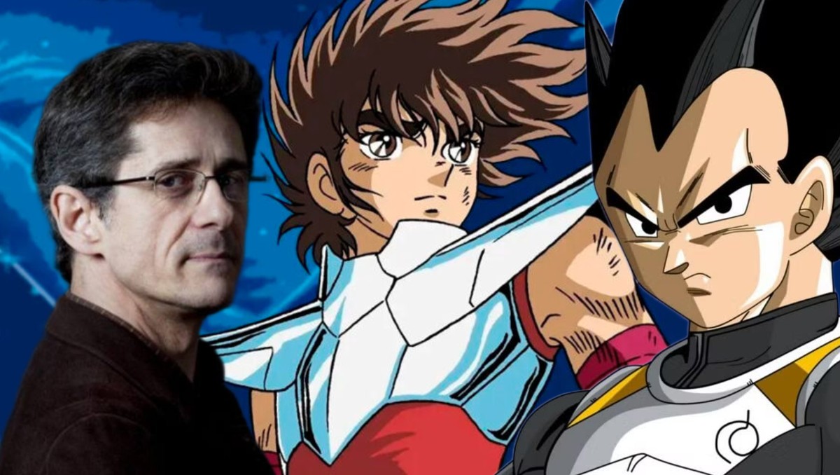 Eric Legrand a lado de los personajes que realizó Vegeta y Seiya.