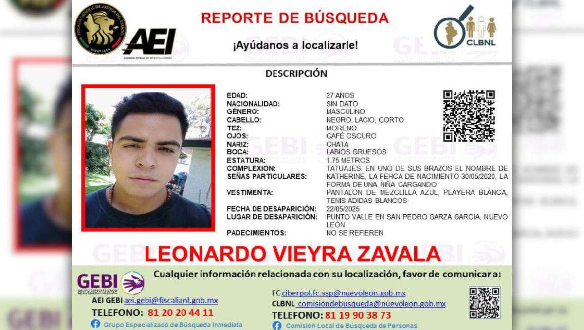 Leonardo Vieyra Zavala fue visto por última vez el 22 de mayo de 2025 en San Pedro. | Especial.
