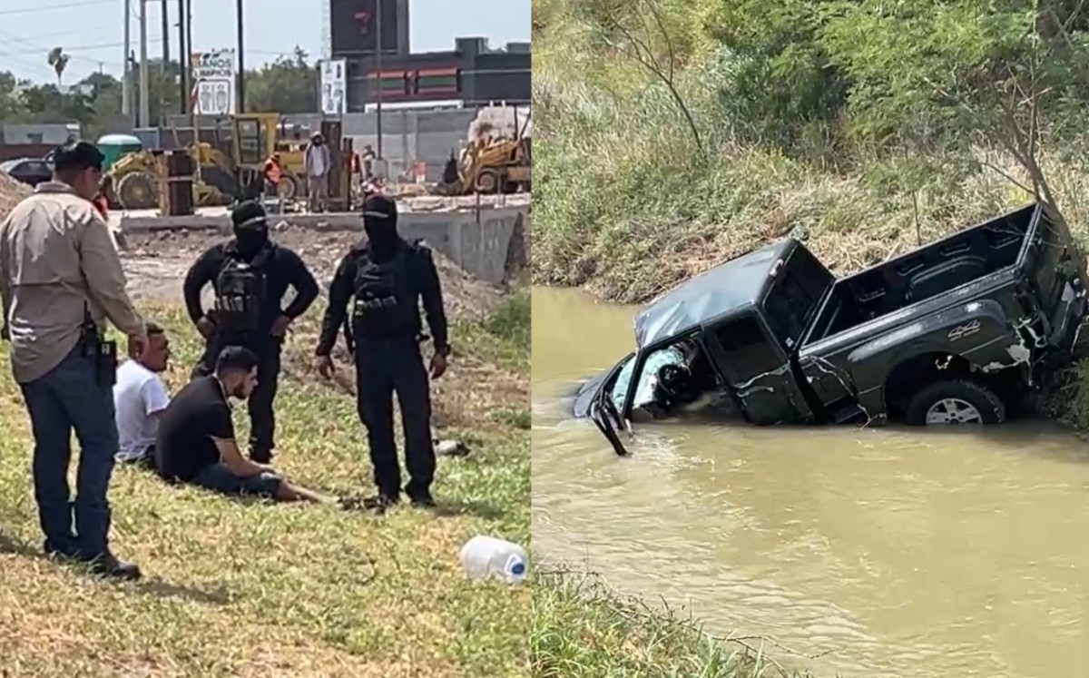 Camioneta pickup cae a canal tras persecución en Reynosa
