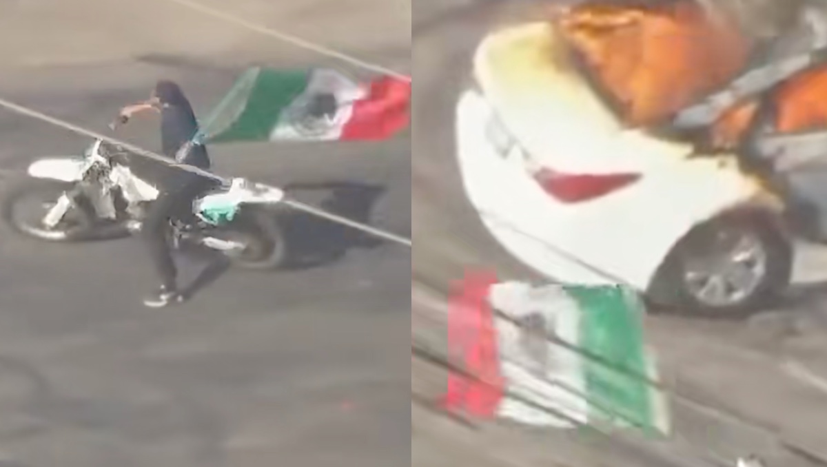 Hombre ondea bandera de México en disturbios en EU. | ESPECIAL