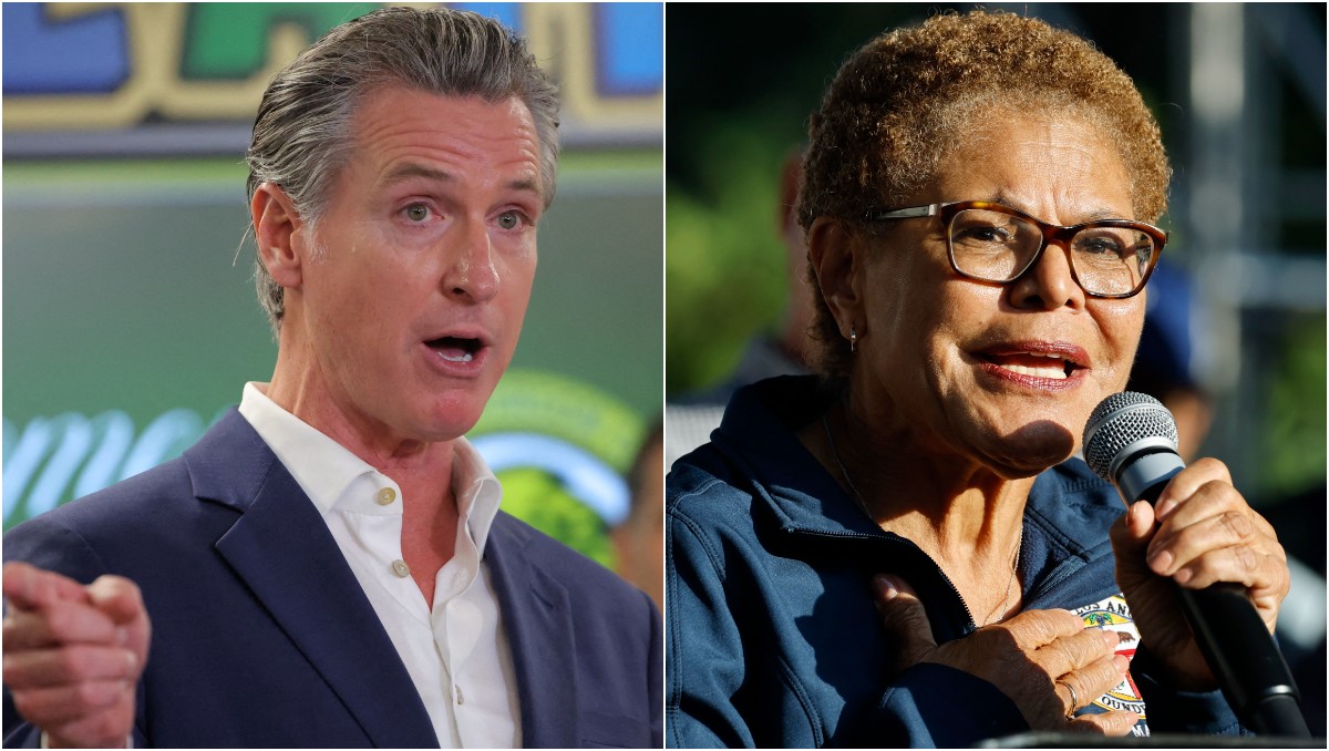 Gavin Newsom, gobernador de California, y Karen Bass, alcaldesa de Los Ángeles. (Fotos: AP y AFP)