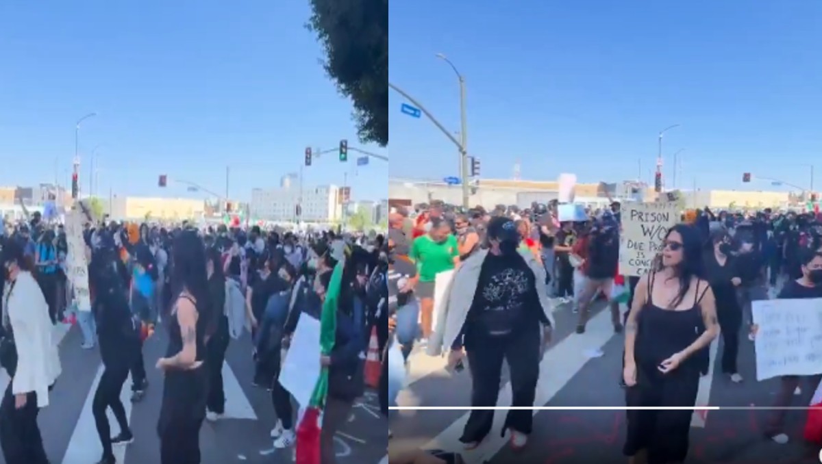 Mexicanos bailan 'Payaso de Rodeo' en protesta de LA contra el ICE. | X @catrina_nortena