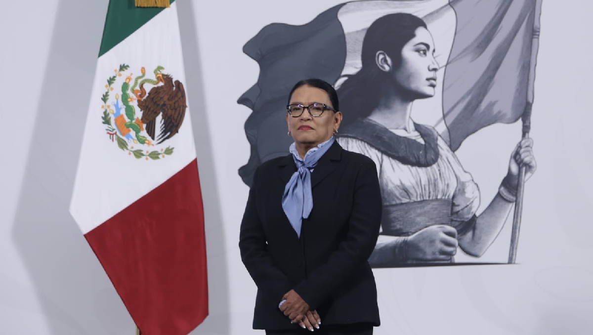 La secretaria de Gobernación, Rosa Icela Rodríguez, en conferencia de prensa hoy. | Ariana Pérez