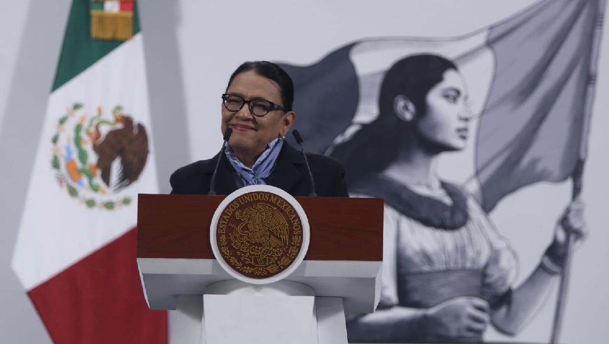 La secretaria de Gobernación, Rosa Icela Rodríguez, en conferencia mañanera de hoy. | Ariana Pérez