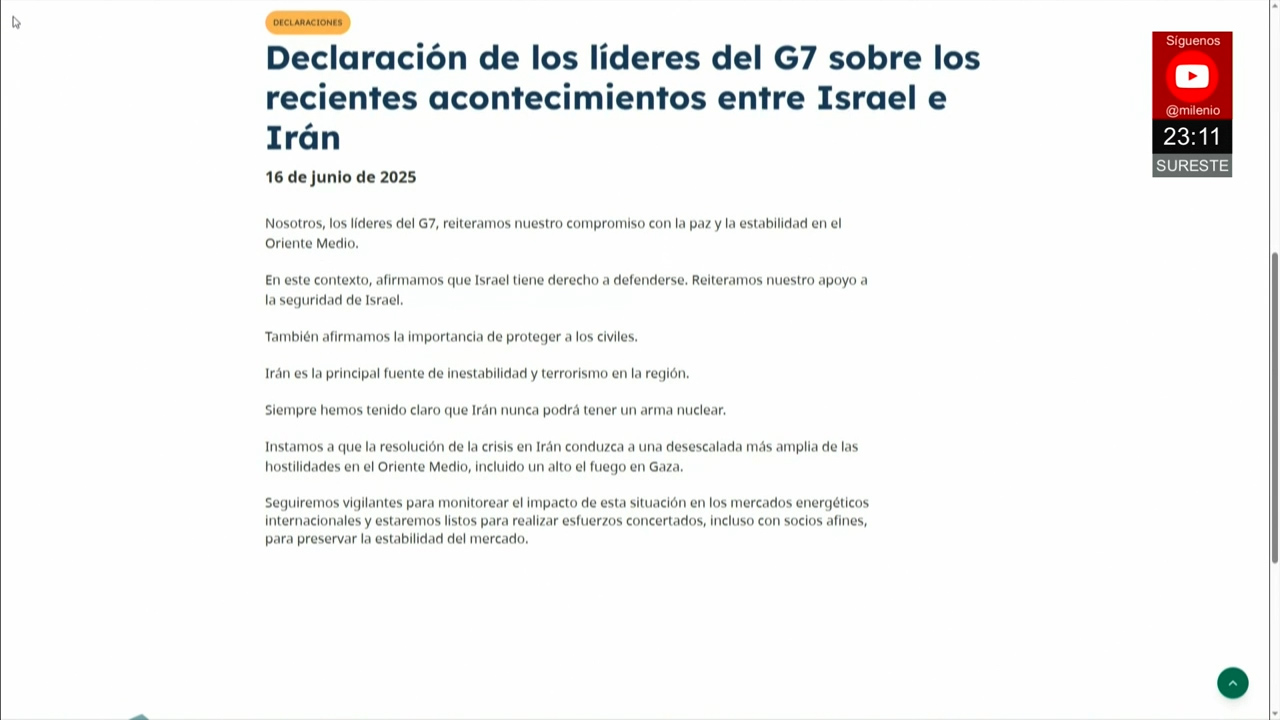 G7 respalda derecho de Israel a defenderse y pide paz en Medio Oriente