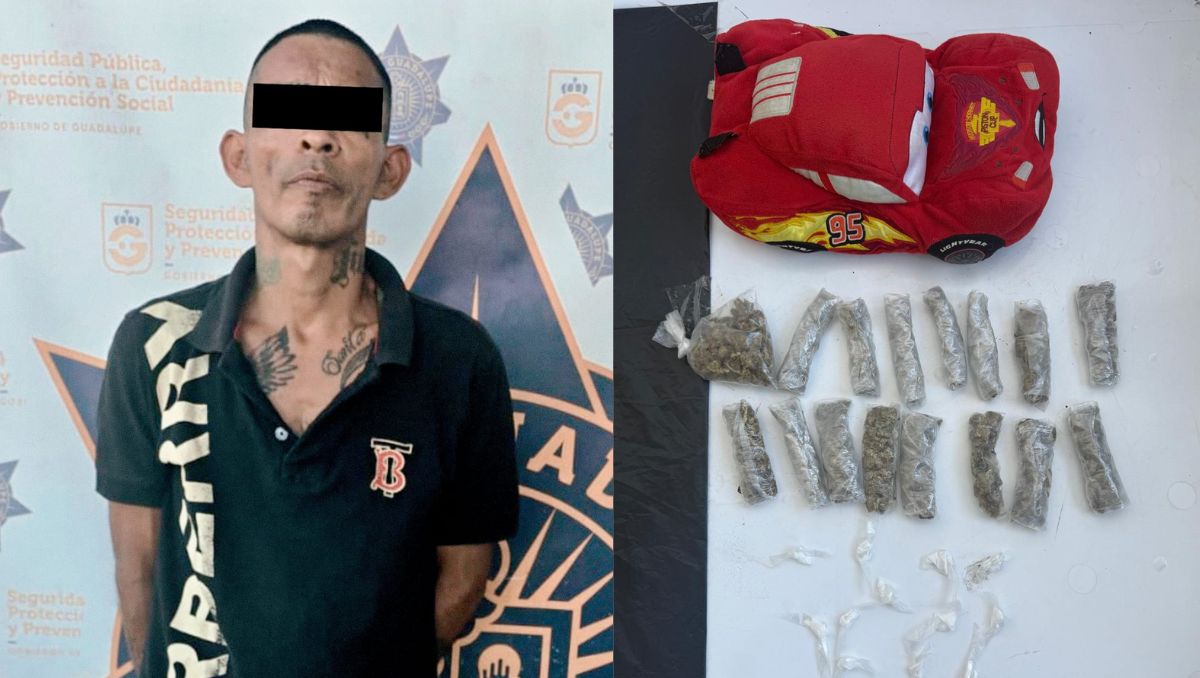 Al momento de ser interceptado el hombre intentó correr pero en el acto se le cayó al suelo el peluche con la droga. Foto: Especial