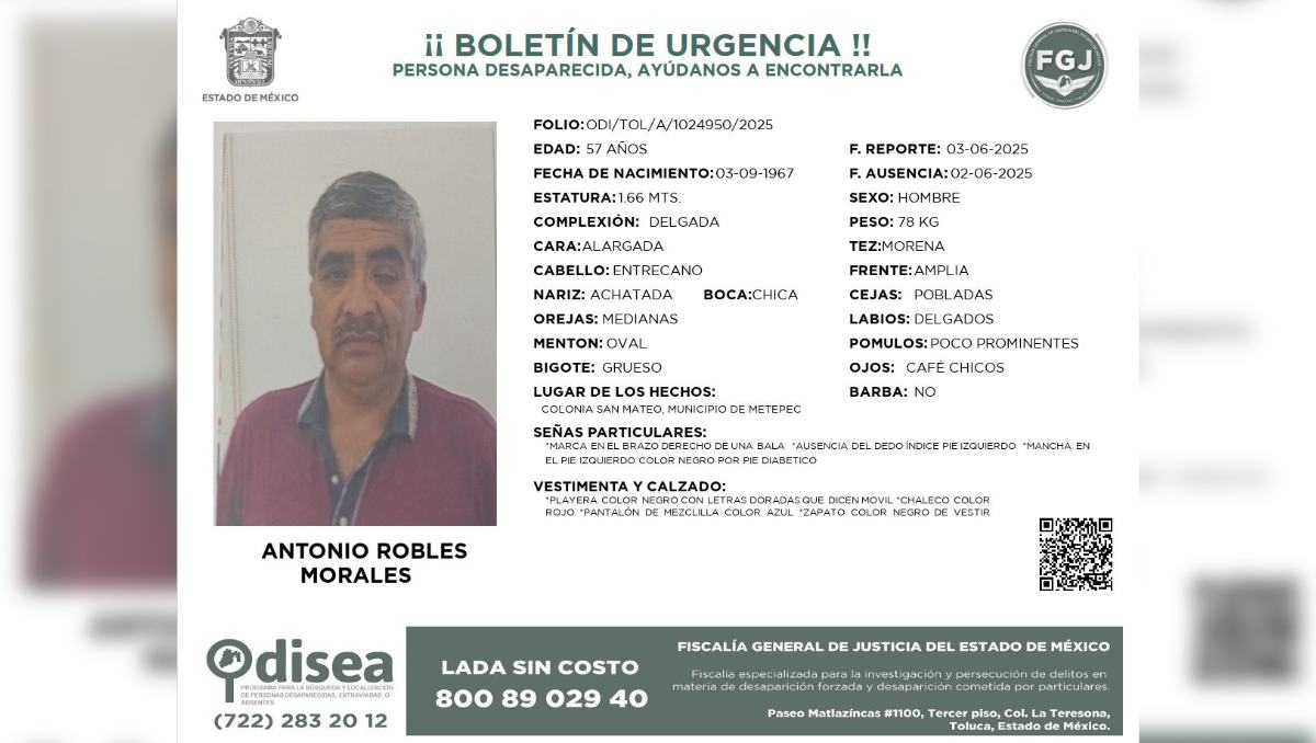 Autoridades de Toluca informaron el hallazgo sin vida de Antonio Robles, desaparecido desde el 2 de junio.| Especial