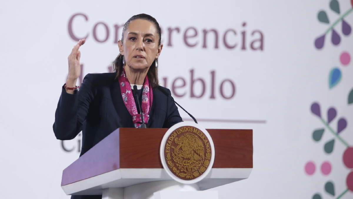 La mandataria desde el Salón de Tesorería en Palacio Nacional para su conferencia. | Ariana Pérez