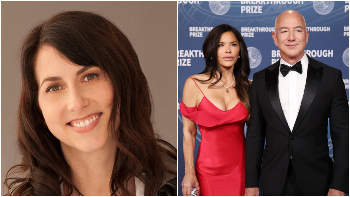 A la izquierda, MacKenzie Scott, ex esposa de Jeff Bezos; a la derecha, Laura Sánchez (Especial | AFP)