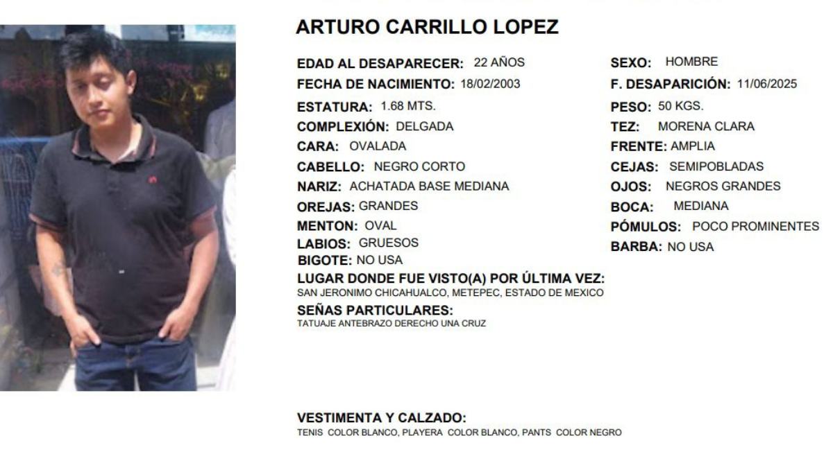Arturo Carrillo, de 22 años, desapareció tras abordar un autobús en Toluca con destino a Jalisco por trabajo.| Especial