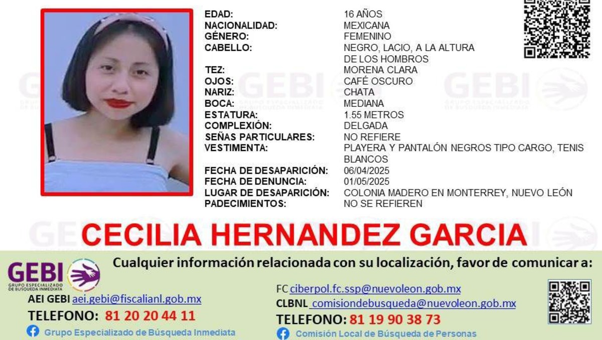 Familiares de Cecilia Hernández, de 16 años, no saben nada de ella. Foto: Especial