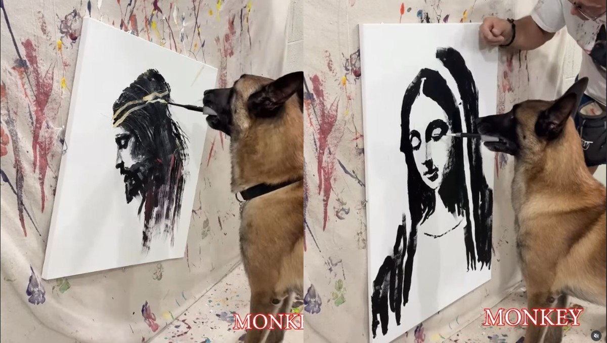 Monkey perrito pintor se vuelve viral por cuadro de Jesús y la Virgen