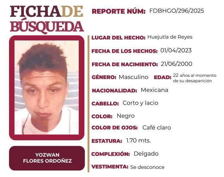 Ficha de búsqueda del joven Yozwan Flores Ordóñez. (Cortesía)