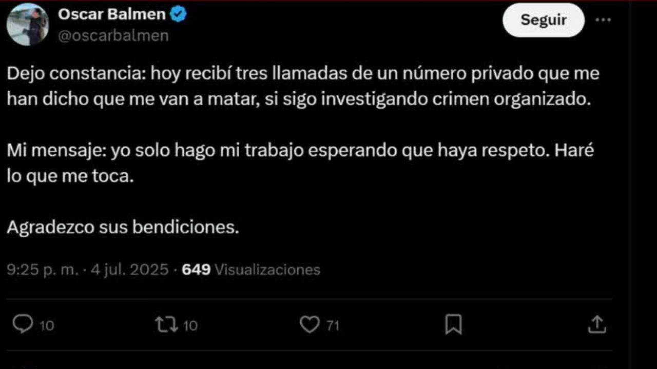 Óscar Balderas denuncia amenazas de muerte por investigar al crimen organizado