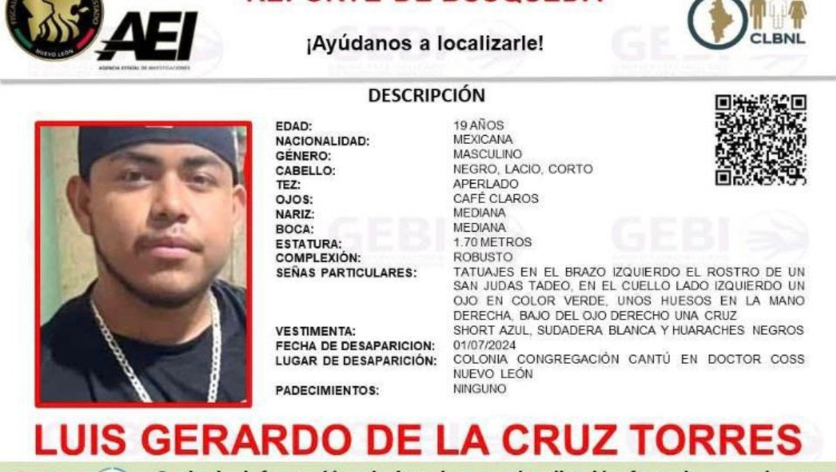 Luis Gerardo de la Cruz Torres, de 19 años, fue visto por última vez el primero de julio del 2024. Foto: Especial