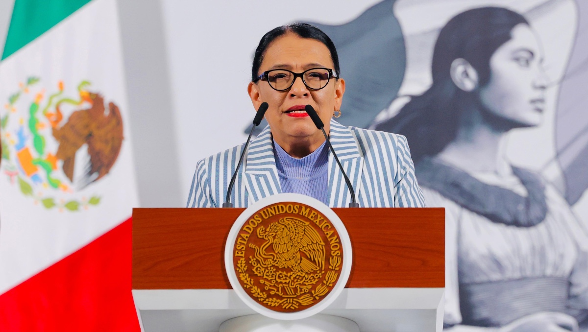La secretaria de Gobernación, Rosa Icela Rodríguez, en la conferencia de prensa de hoy. (Especial)