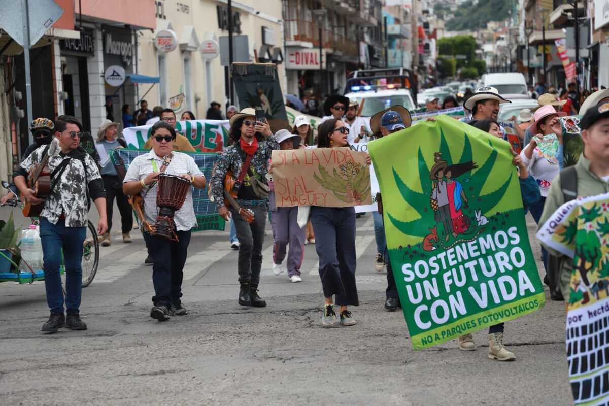 Productores de maguey marchan en Pachuca para protestar contra parque fotovoltaico. (Jorge Sánchez)