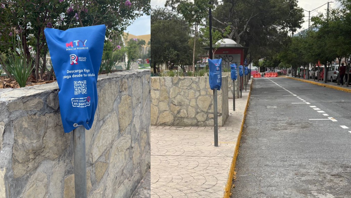 Monterrey comenzó a colocar publicidad sobre la app “Kigo” en los parquímetros. Foto: Ángel Mercado