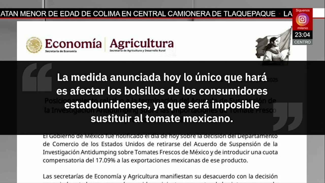 Arancel al jitomate dañará a consumidores estadounidenses, advierte México