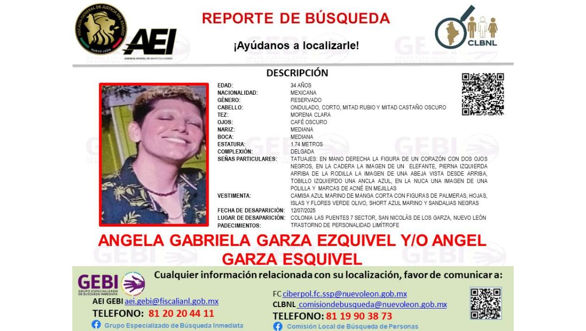 La Fiscalía de NL emitió la ficha de búsqueda para localizar a Ángel Garza Esquivel. / Especial