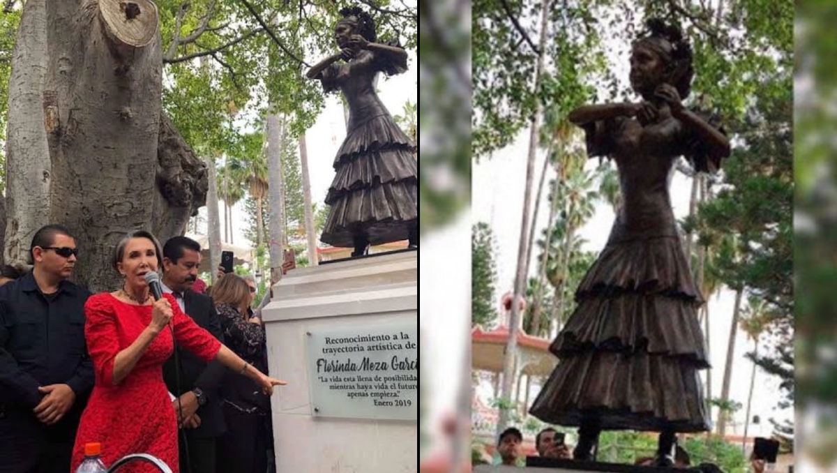 Florinda Meza en la escultura en su honor en Zacatecas | ESPECIAL