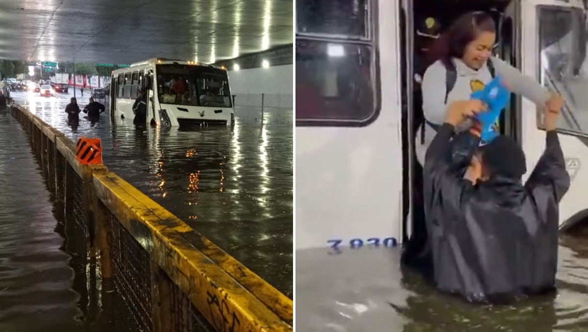 Policías de CdMx rescataron a pasajeros de microbús varado en el bajopuente de Periférico Sur. | Especial
