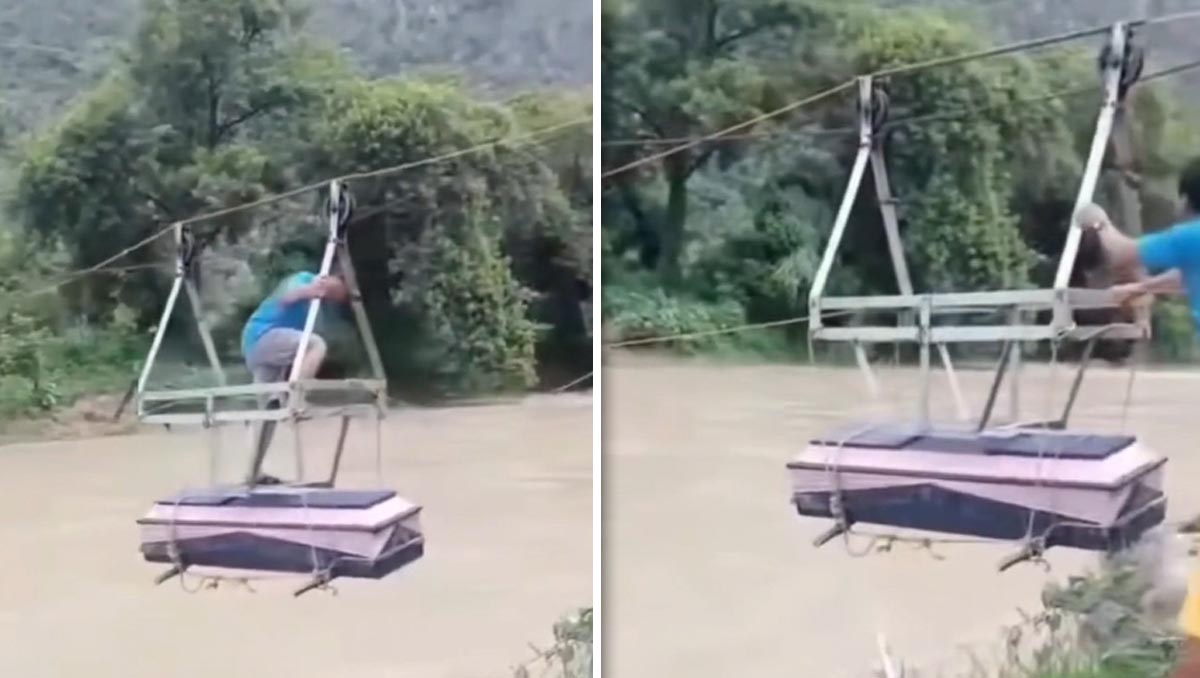 La tirolesa improvisada es utilizada para actividades cotidianas, incluyendo traslados funerarios.