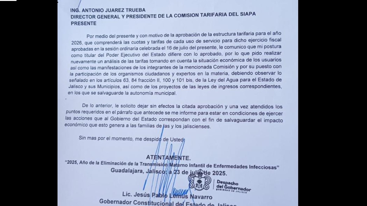 Carta contra el 'tarifazo' del SIAPA. (Especial)