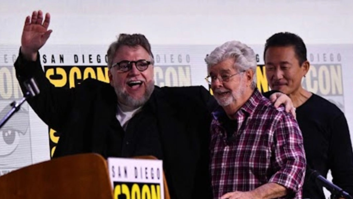 Guillermo del Toro y George Lucas, junto con el diseñador Doug Chiang | AFP