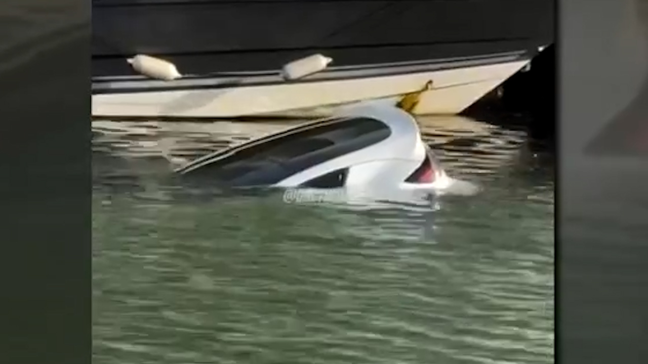 Tesla cae a un canal en Sunny Isle Beach, EU; guardia de seguridad rescata a pareja ilesa