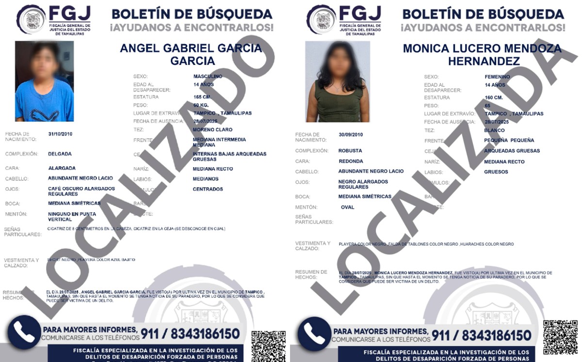 Ángel Gabriel García García y Mónica Lucero Mendoza Hernández fueron localizados.