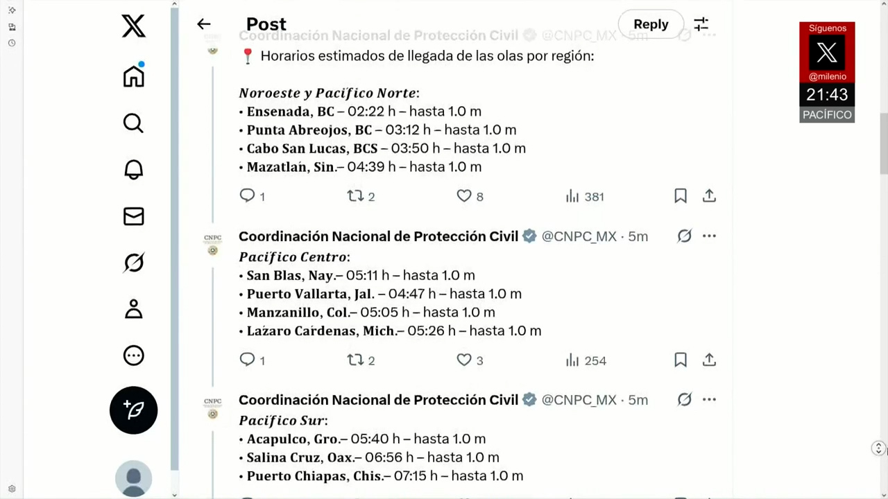 Protección Civil alerta por posibles efectos del sismo de Rusia en costas del Pacífico mexicano