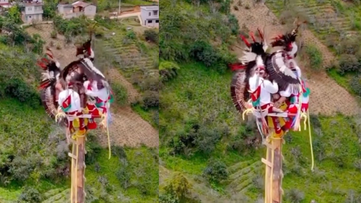 Caporal casi cae en show de voladores de Papantla. | ESPECIAL
