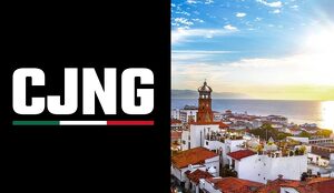 Vista de Puerto Vallarta, en Jalisco, y las siglas del CJNG