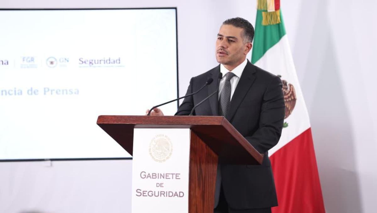 Omar García Harfuch, secretario de Seguridad y Protección Ciudadana, durante su mensaje a medios. | Araceli López