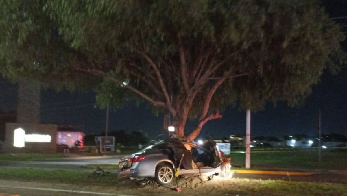 Carro choca contra un árbol en Bulevar Aeropuerto de León | Foto tomada de redes sociales.