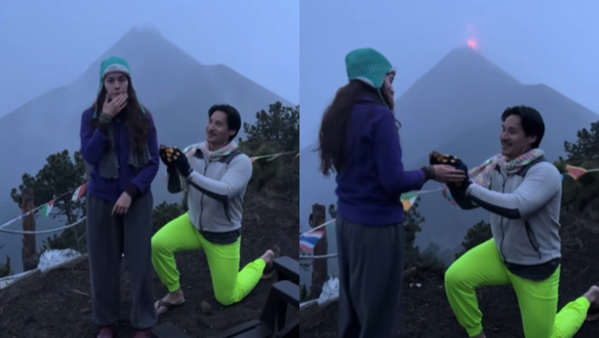 La pareja se comprometió frente al volcán de Acatenango. | Captura de Pantalla