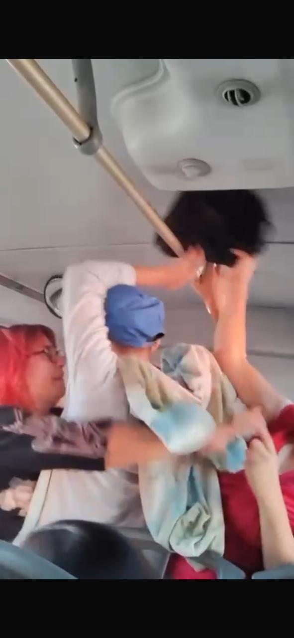 Dos mujeres se enfrentan por un asiento en un camión saturado de la ruta Lagos de Puente Moreno, en Veracruz | Especial