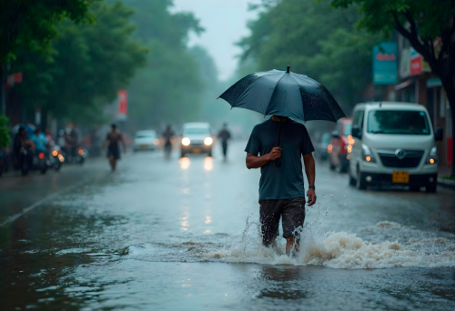 Un hombre camina bajo la lluvia en una calle inundada. | Foto: Especial.