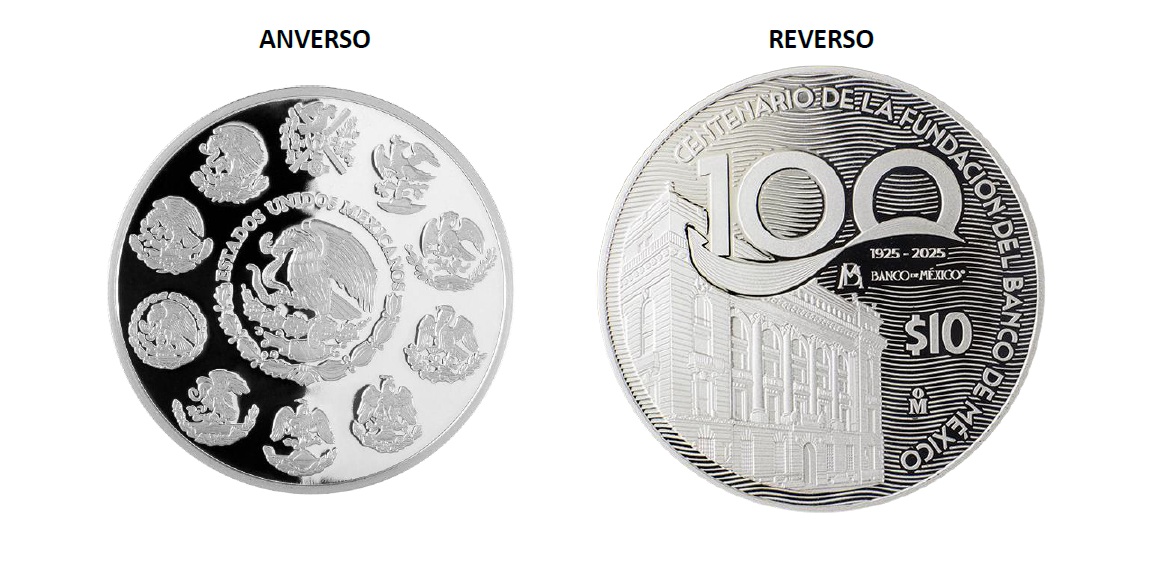 La moneda es de plata, tiene forma circular, con un valor facial de 10 pesos y su contenido es de dos onzas de plata de ley 0.999. | Especial
