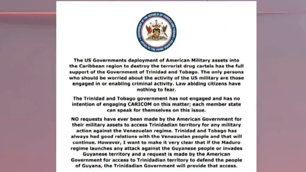 Trinidad y Tobago respalda el despliegue de tropas de EU en el Caribe