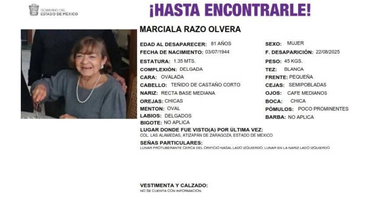 Marciala Razo Olvera, desapareció desde el viernes 22 de agosto según sus familiares y vecinos del fraccionamiento Las Alamedas.  | Especial