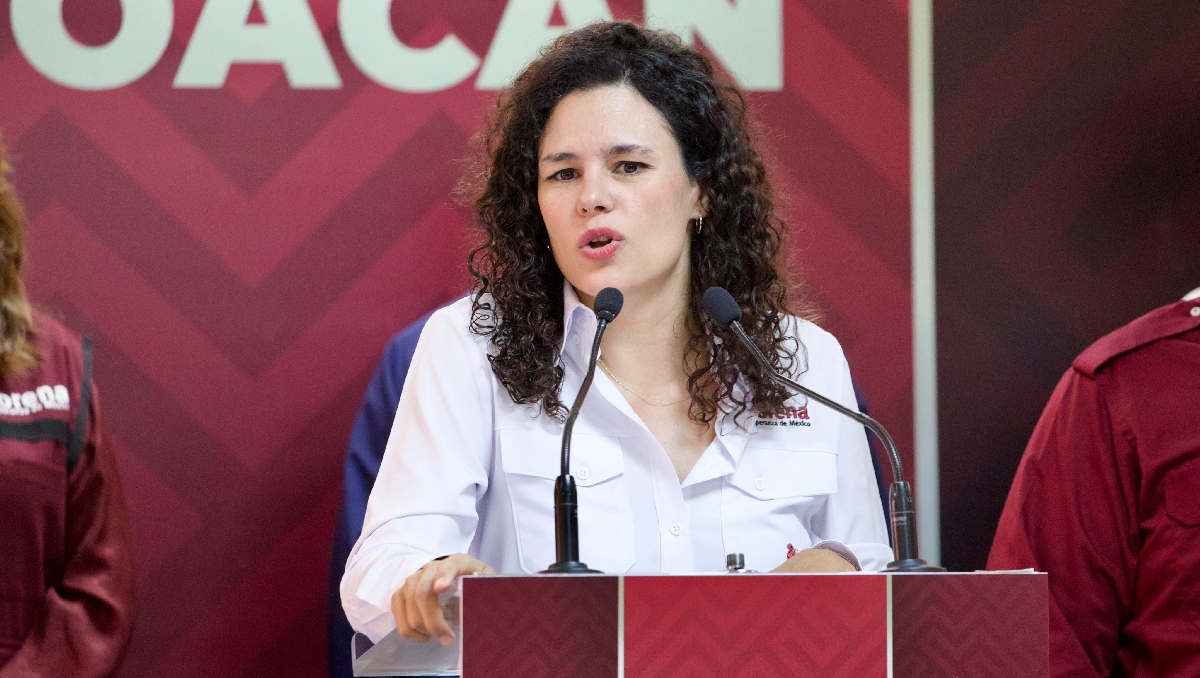 La presidenta nacional de Morena, Luisa María Alcalde, en conferencia de prensa esta mañana. | Especial
