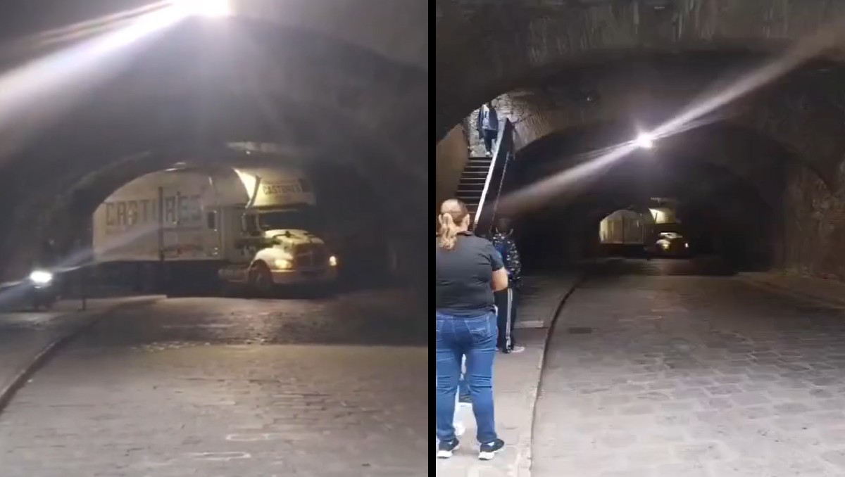 Un tráiler de Castores quedó atorado en la calle Subterránea de Guanajuato. | Redes sociales.