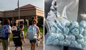 Imagen de niños durante el regreso a clases en EU y un paquete de fentanilo asegurado por la DEA