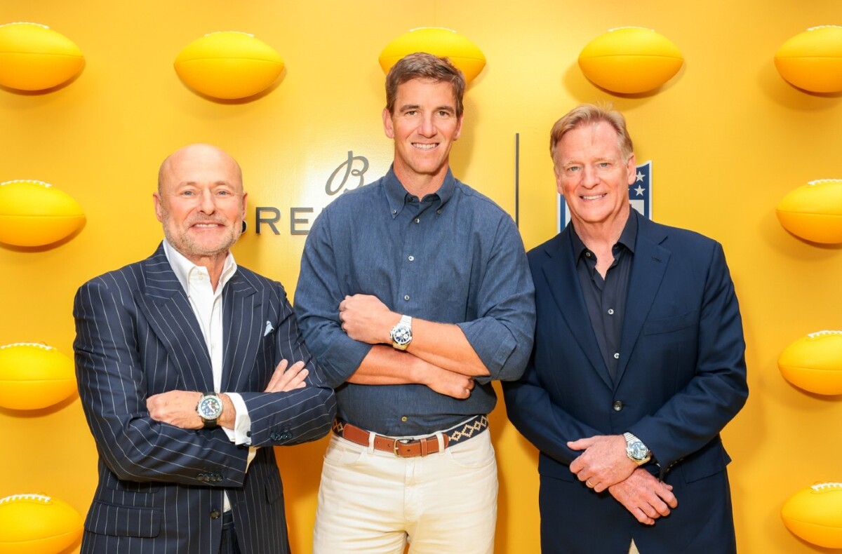 Eli Manning, Georges Kern y Roger Goodell durante presentación de exclusiva colección de relojes entre Breitling y la NFL (Cortesía)