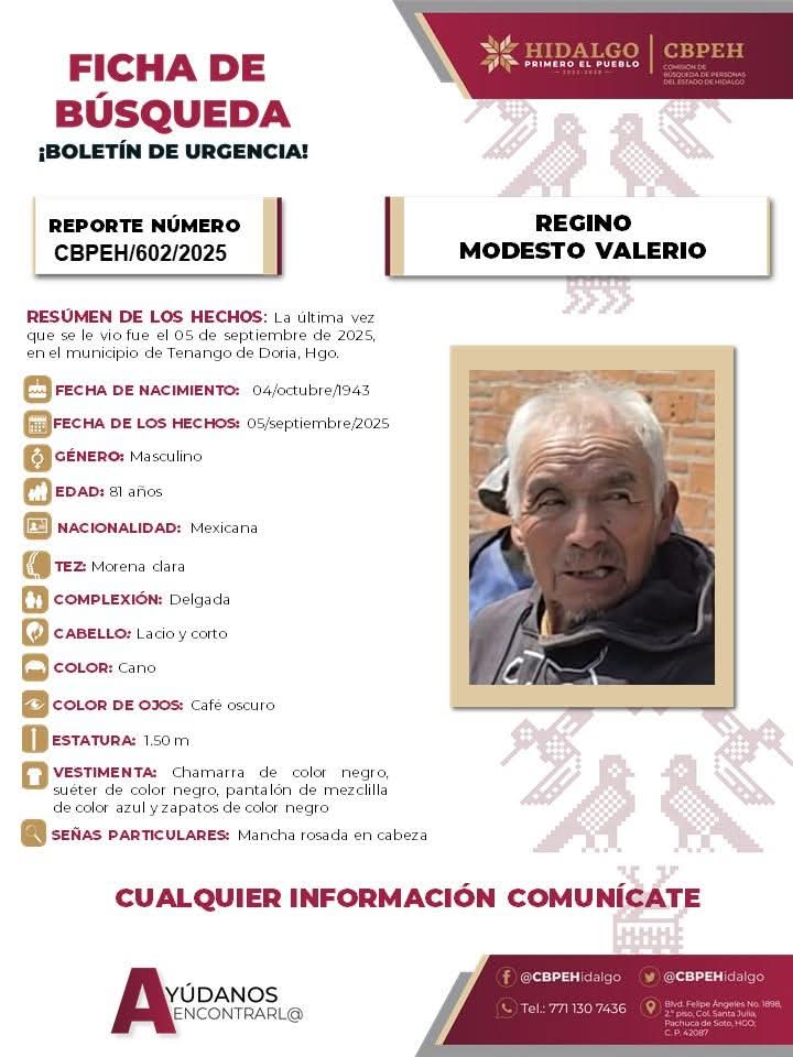 Buscan a Regino Modesto Valerio, de 81 años de edad.