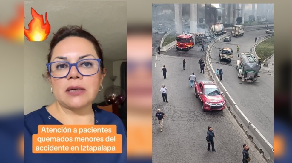 Doctora ofrece ayuda para persona heridas tras incendio de pipa